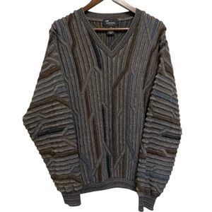 Tosani Vintage 3D Knit Coogie Style V-Neck Geometric Sweater Men’s Large